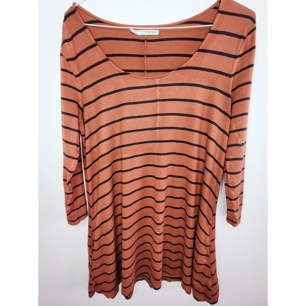 Maurices Shirt Dress Burnt Orange & Black Striped Large Scoop Neck 3/4 Sleeve L